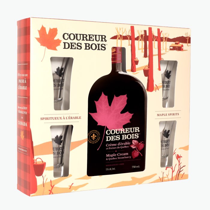 Coffret cadeau Coureur des Bois Crème Fraise + 4 verres à shooter